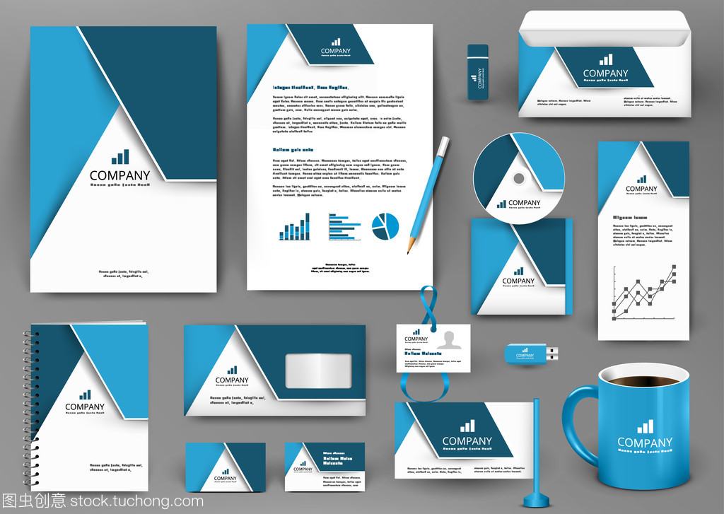 通用品牌中专业蓝色的设计套件与折纸元素。企业形象模板